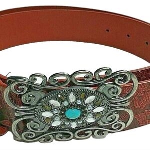 Brown Tooled Leather Belt, Rhinestone Buckle Turquoise Pearl Topaz size 41